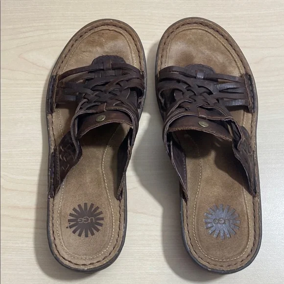 UGG Keala Brown Leather Slide on Sandals with Woven Design - Picture 4 of 10
